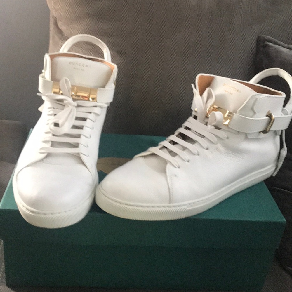 Buscemi white high tops with gold locks